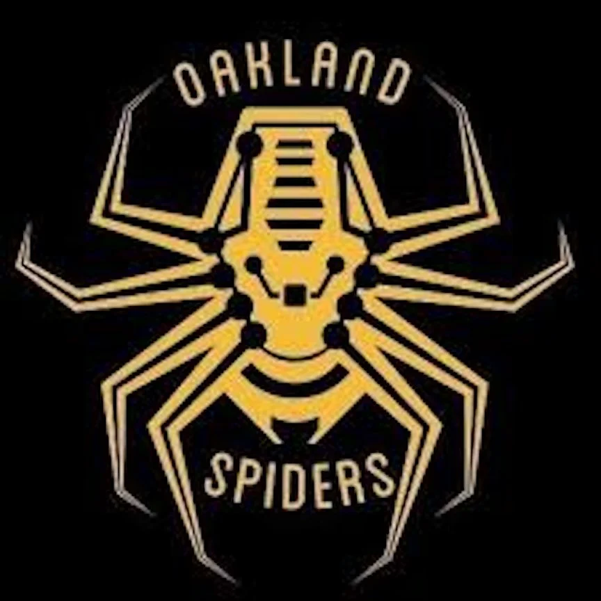 A stylized gold and black graphic of a spider with the words "Oakland Spiders" above and below it.