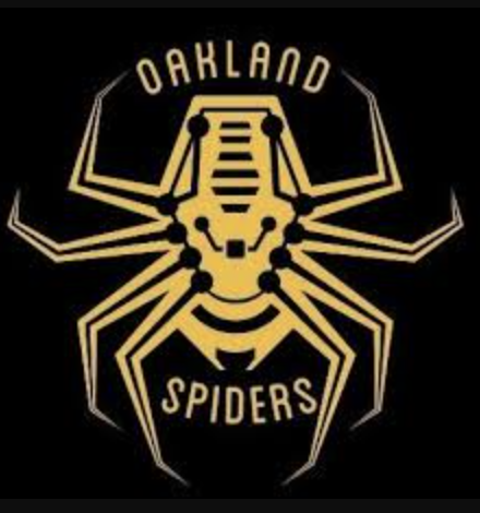 A stylized gold and black graphic of a spider with the words "Oakland Spiders" above and below it.
