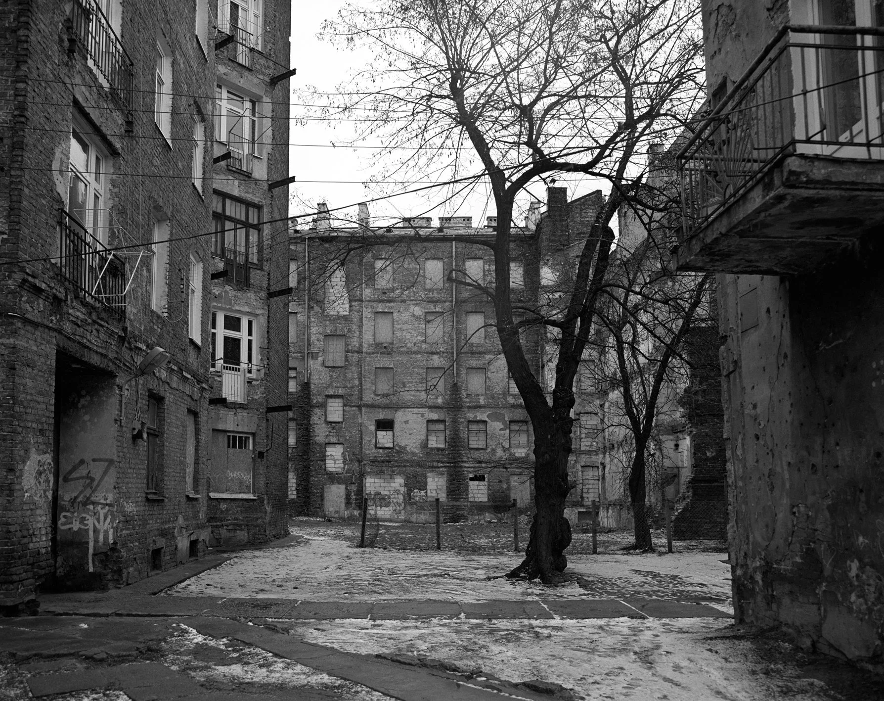 A black and white photo of a quiet old city alley with bare trees, old brick buildings, and boarded-up windows, with some snow and ice on the ground.