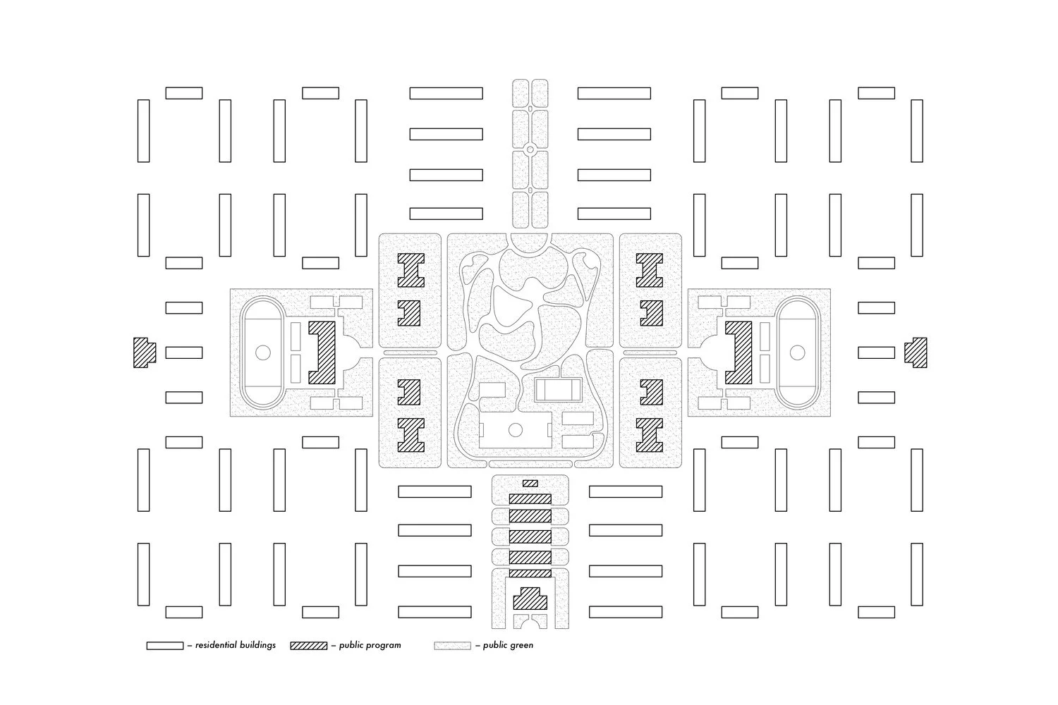 A detailed architectural site plan of a residential campus with labeled areas including residential buildings, public program spaces, and public green areas.