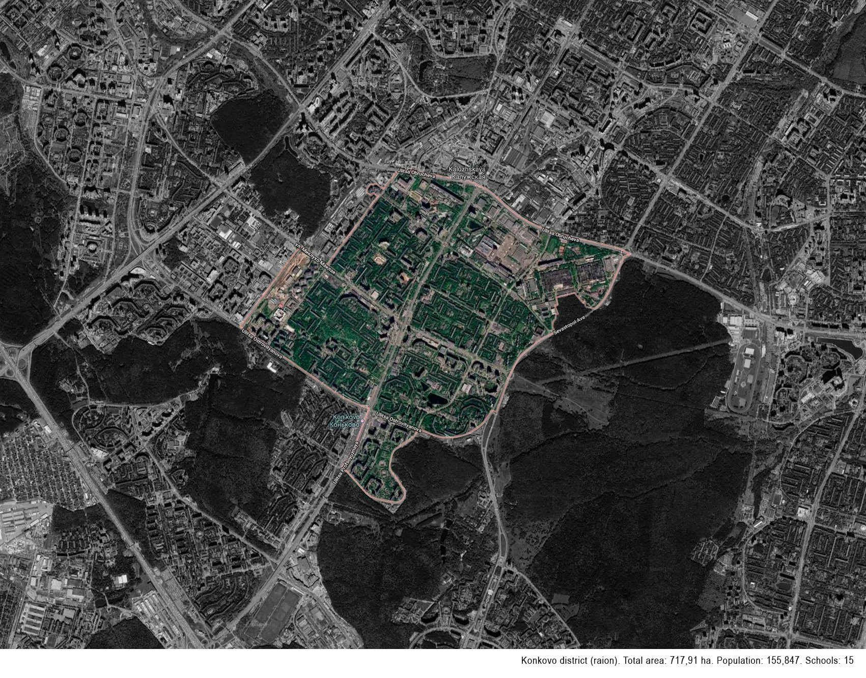 Satellite view of Konkovo district outlined in pink, showing streets, green spaces, and surrounding urban areas in Moscow, Russia.