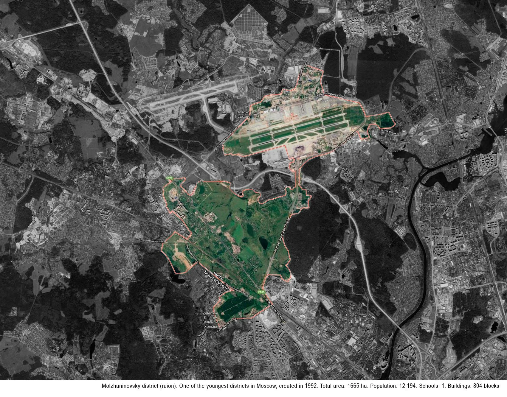 Satellite map of the Molzhaninovsky district in Moscow, Russia, showing green areas, roads, and infrastructure within the district boundaries.