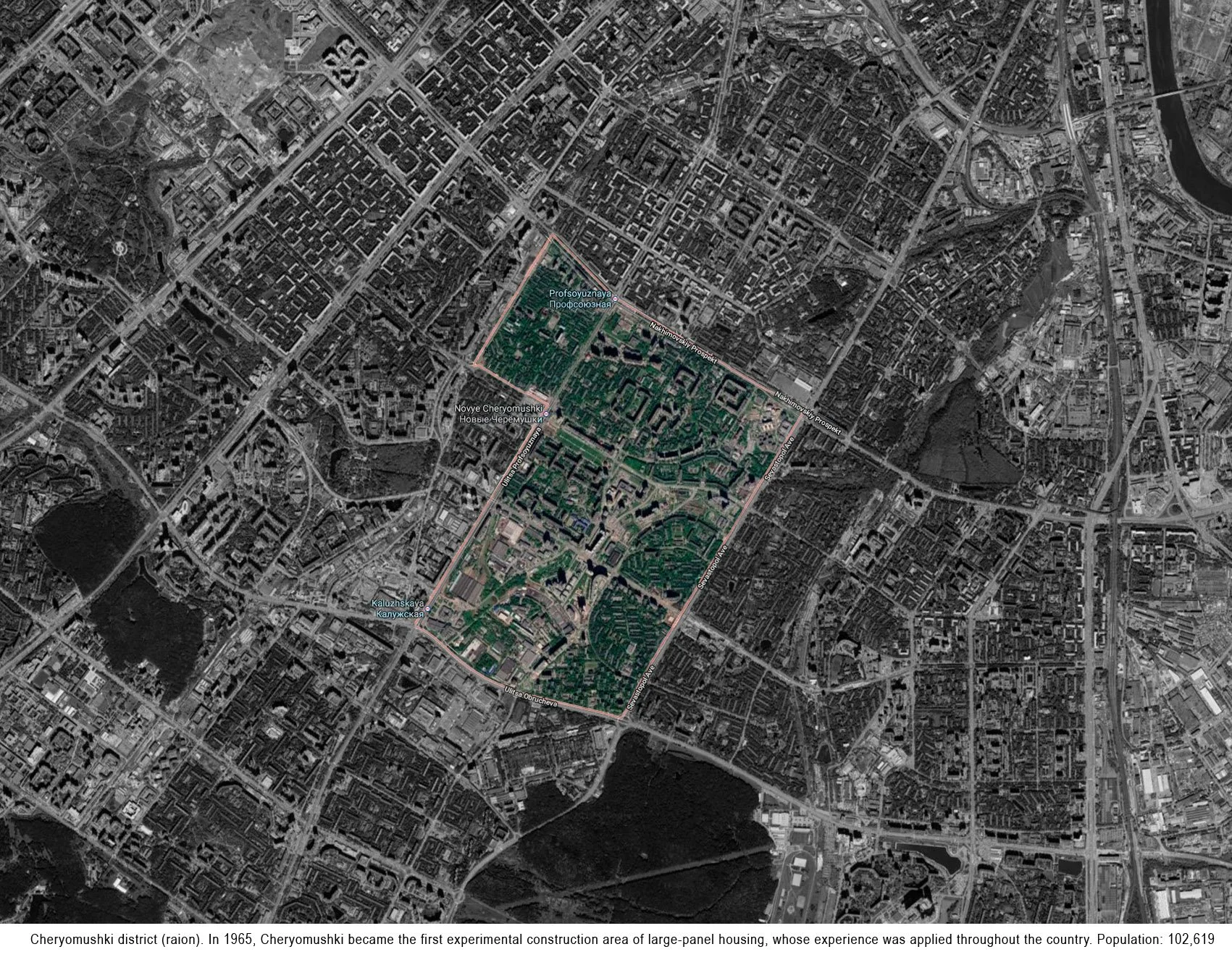 A satellite view of Moscow with Cheryomushki district outlined, indicating it as an experimental housing area established in 1965, with green areas and surrounding city infrastructure.