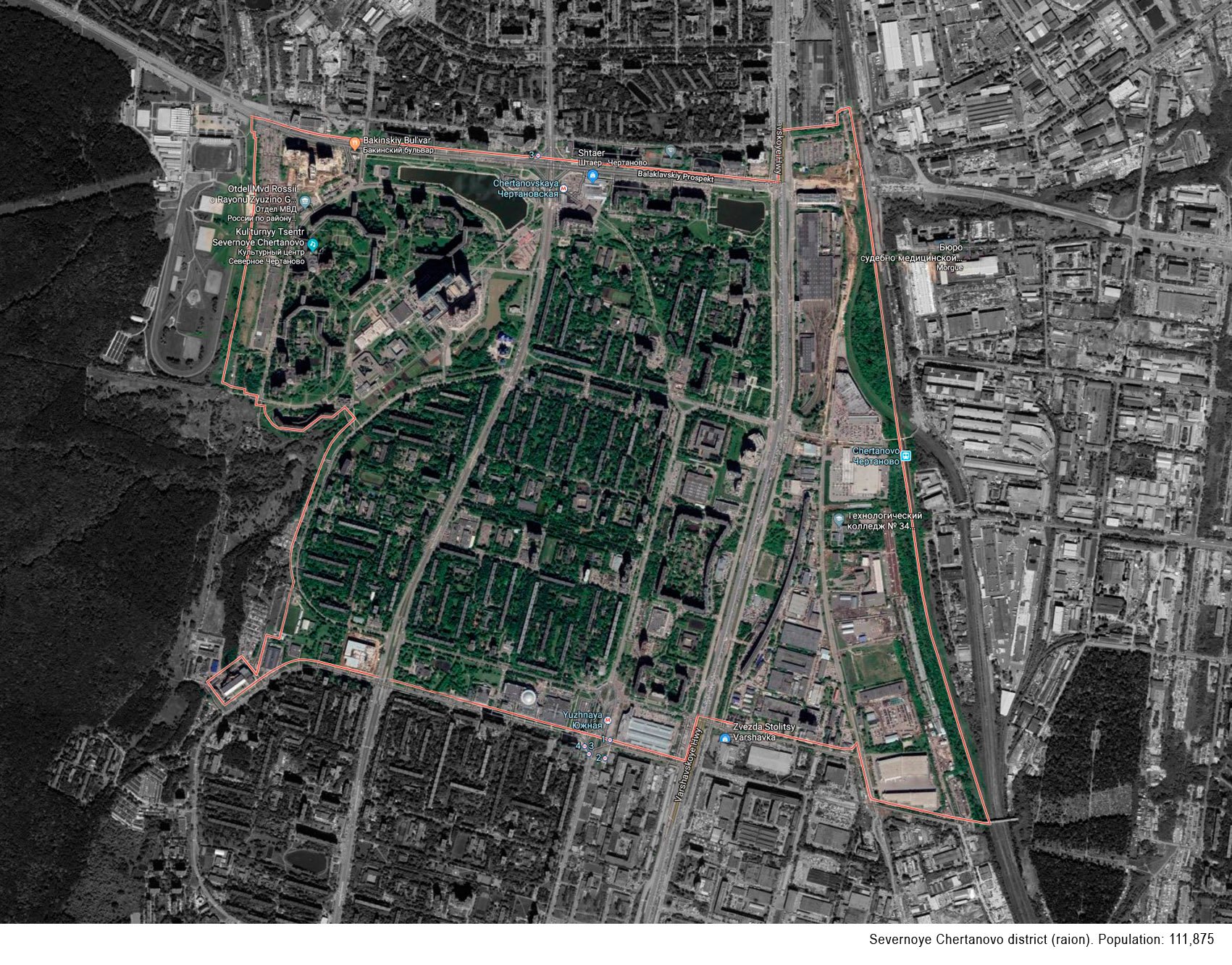 Satellite map of the Severnoye Chertanovo district, showing streets, parks, and buildings outlined in red, with labels of nearby landmarks and transportation stations.