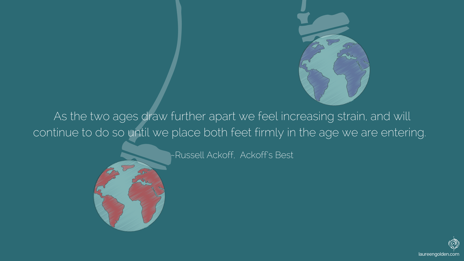Two worlds, with a foot in each. Quote overlaid reads:"As the two ages draw further apart we feel increasing strain and will continue to do so until we place both feet firmly in the age we are entering." ~Russell Ackoff, Ackoff's Best