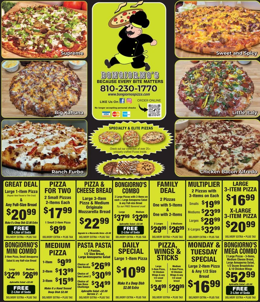 Bongiorno's Pizza Flyer Menu Page 1