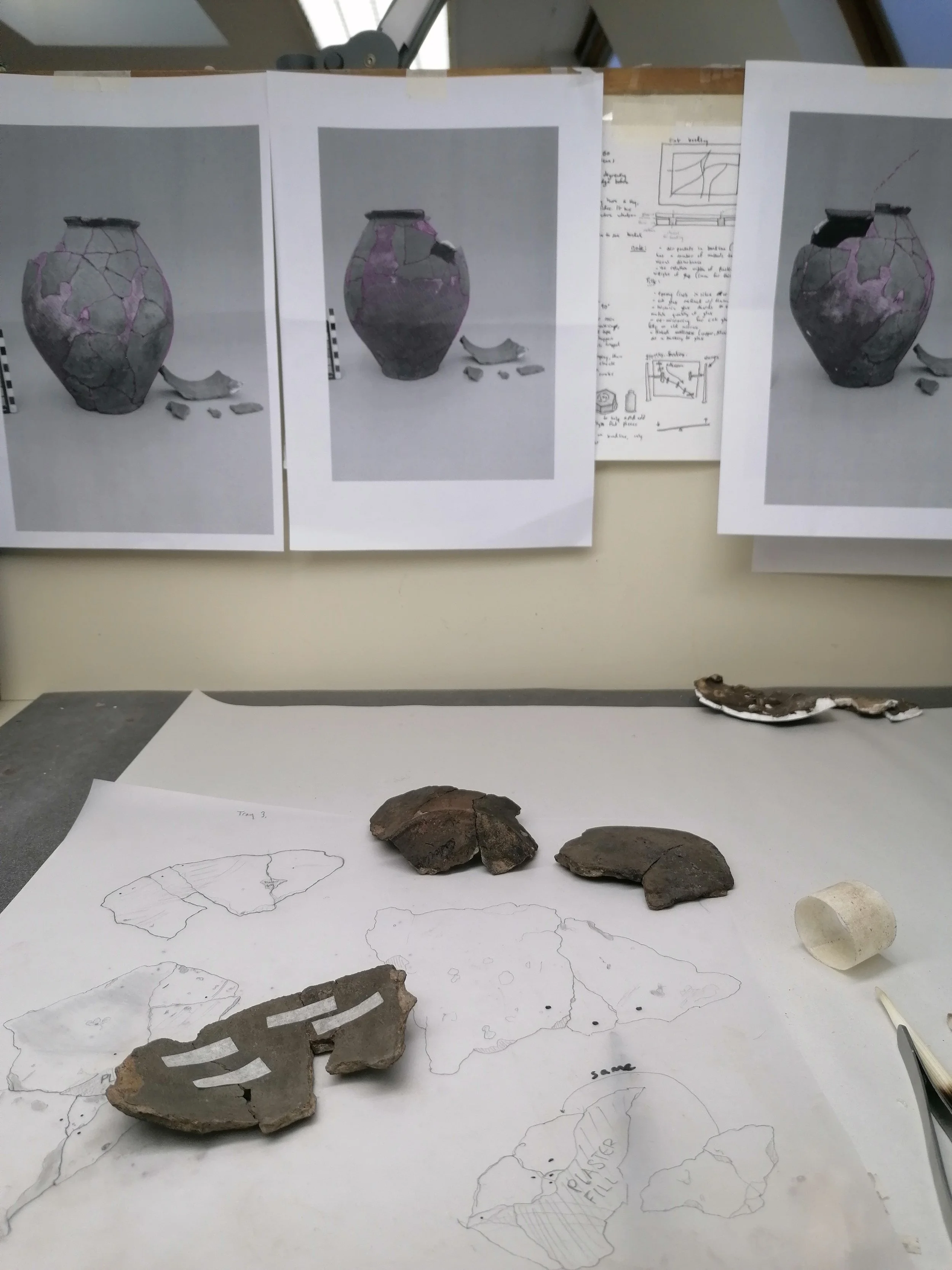 Following my maps of the sherds to rebond the pot with Paraloid B-72.