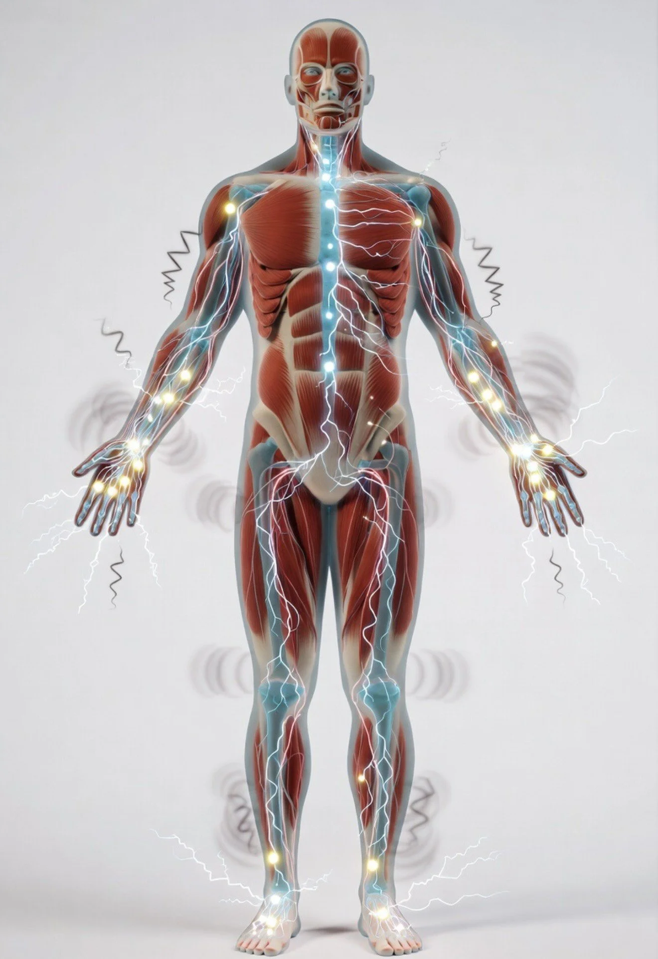 A medical illustration of the human nervous system from Numbness.jpg, showing glowing neural pathways and electrical signals in the arms and legs to represent radiculopathy and nerve impingement following an automobile accident.