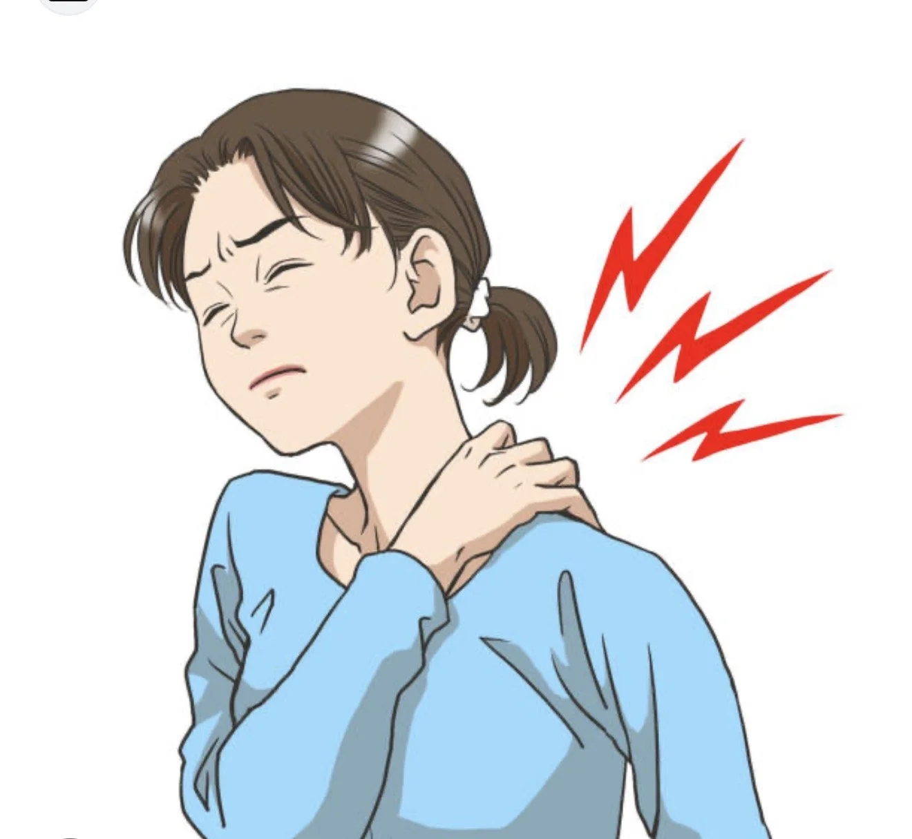 <img src="your-image-filename.jpg" alt="A clinical illustration of a woman in pain, clutching her neck and shoulder with red lightning-bolt symbols indicating localized pain, representing symptoms of whiplash and soft tissue injury.">
