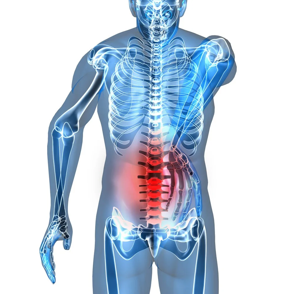 Spine with red glow around the lumbar region to indicate discomfort.