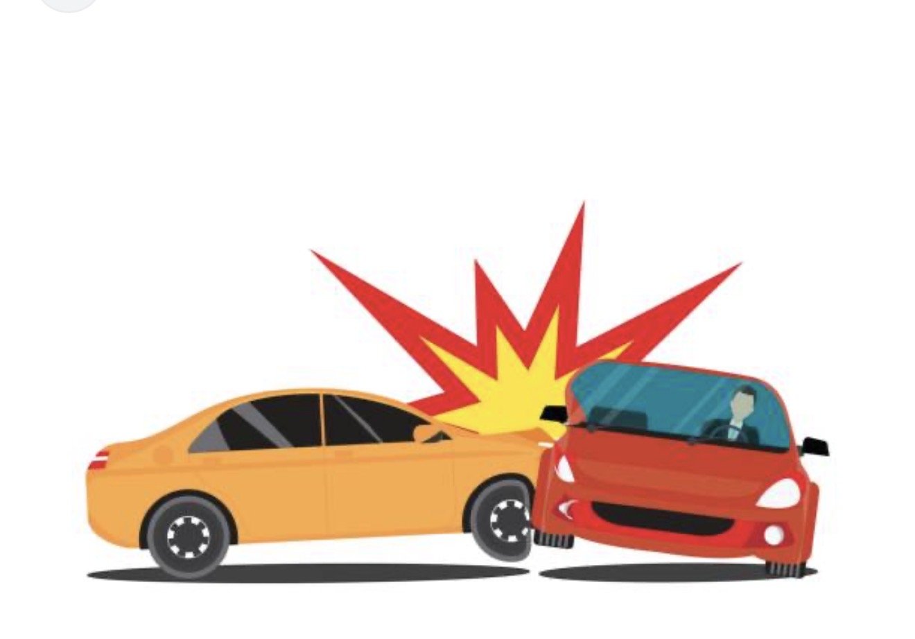 A graphic illustration depicting a side-impact car accident between a red sedan and a yellow car, featuring a dramatic impact burst to represent the sudden forces leading to whiplash and mild traumatic brain injuries.