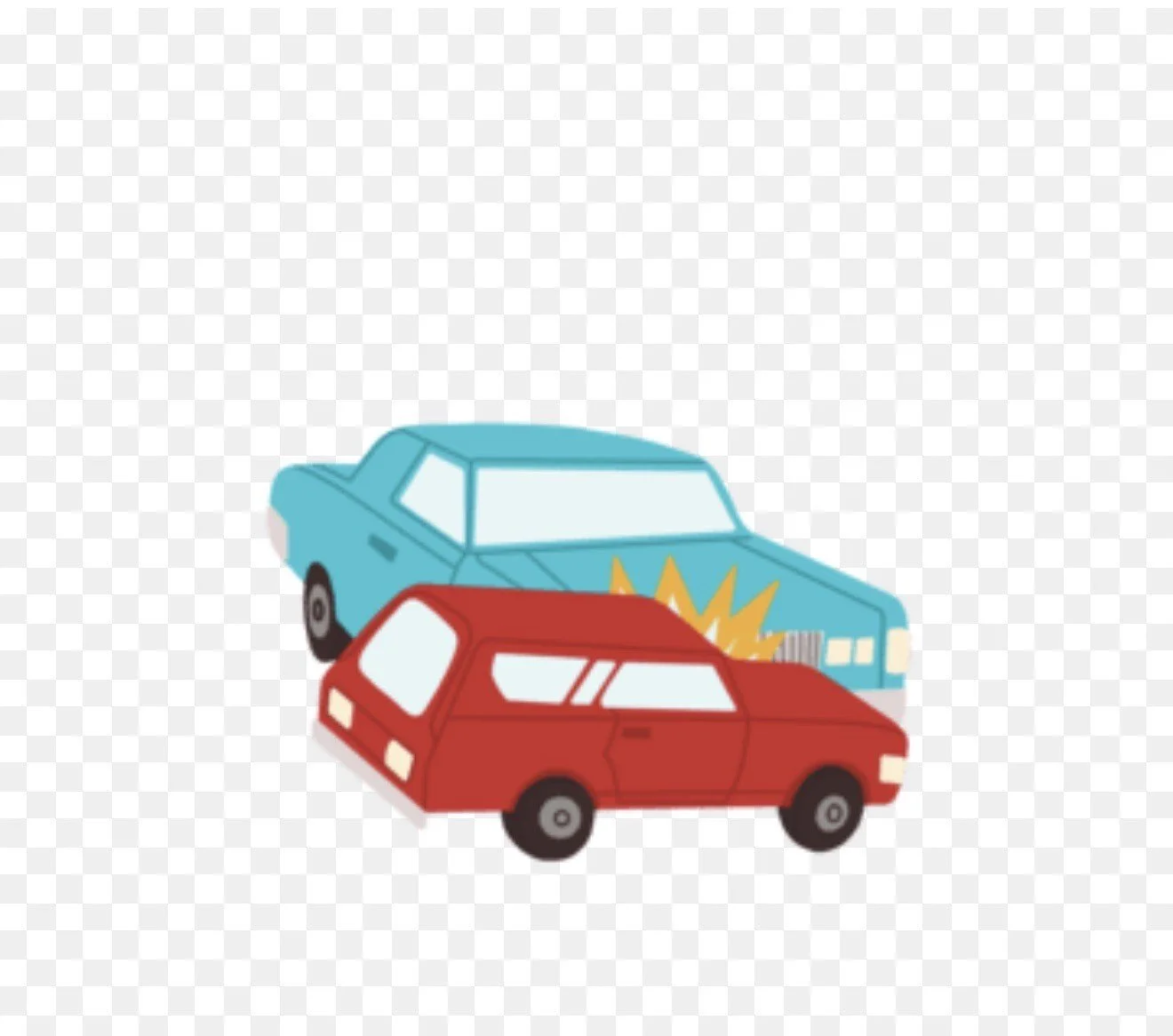 A cartoon illustration showing a side-impact collision between a red car and a blue car on a transparent checkered background, representing the jarring mechanical forces that cause thoracic and lumbar spinal injuries during a motor vehicle accident.
