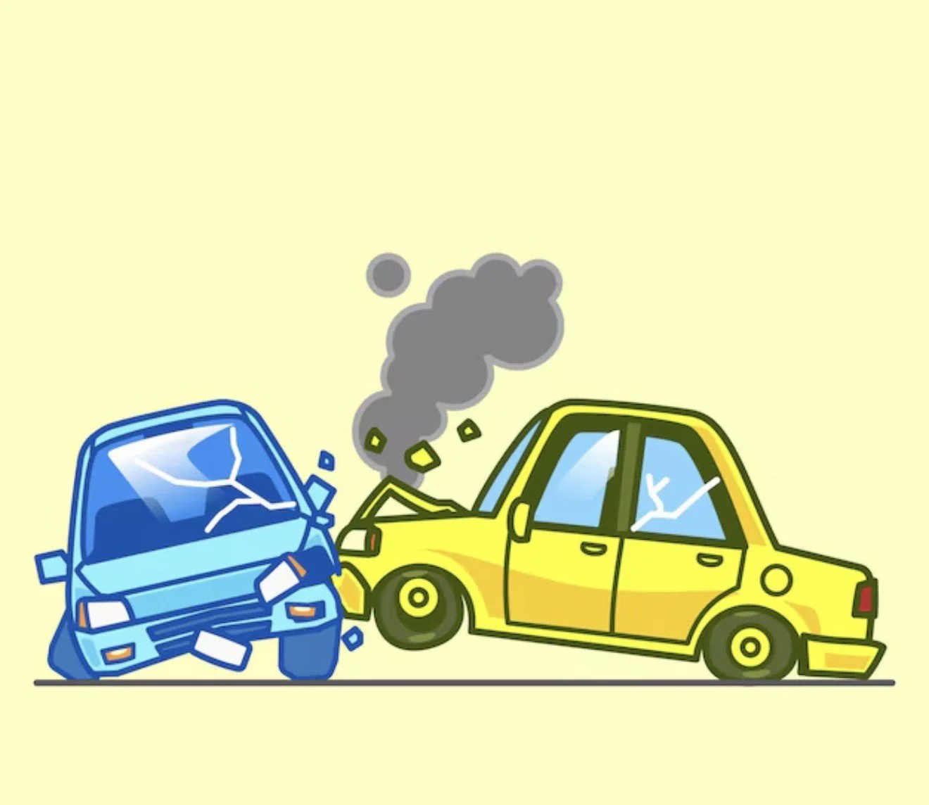 <img src="CarCrashYellowII.jpg" alt="A cartoon-style illustration of a blue car rear-ending a yellow car, showing shattered windows and rising smoke to depict the mechanical forces behind whiplash and soft tissue injuries.">