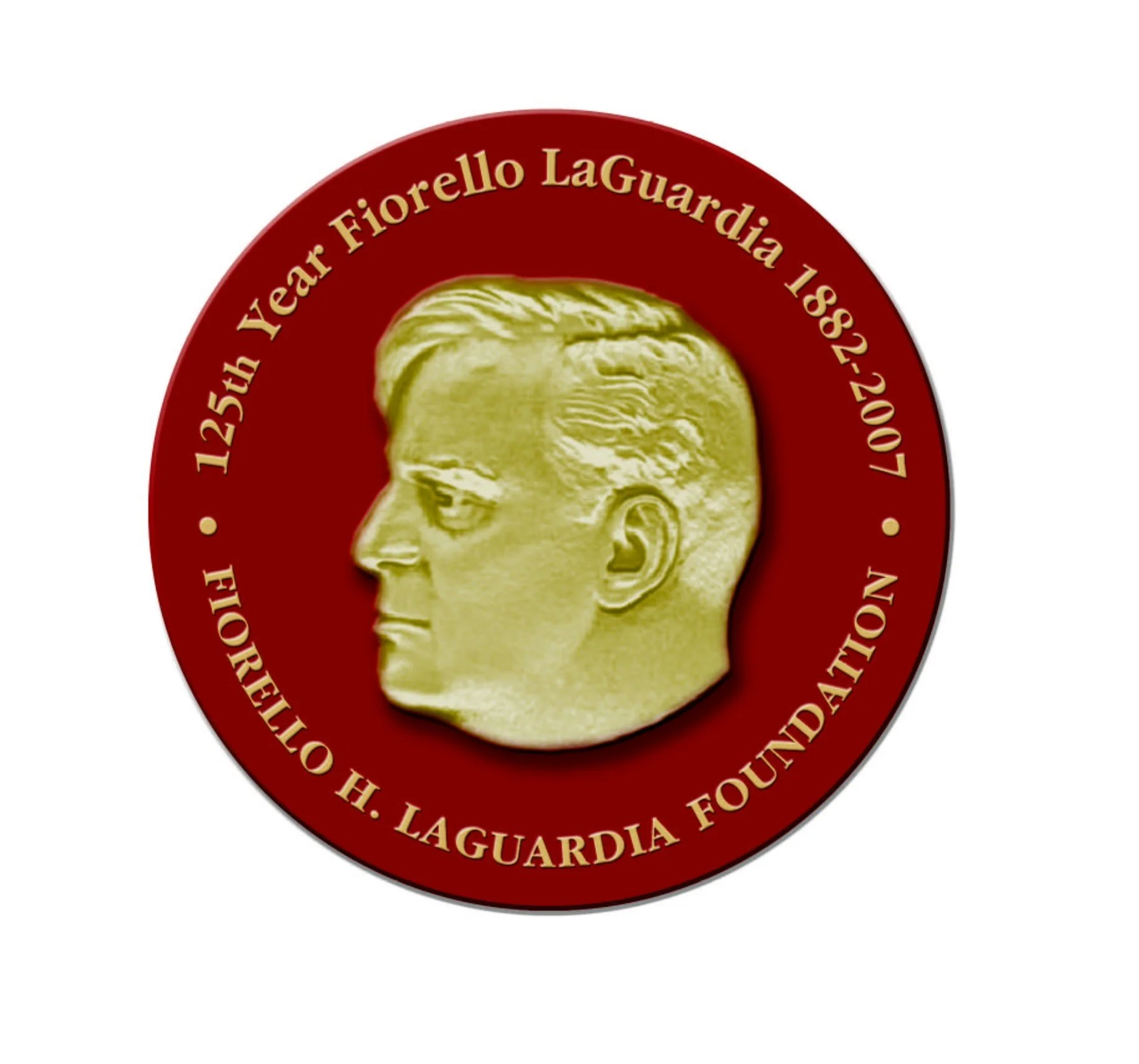 A round emblem featuring a profile portrait of a man with glasses and short hair. The emblem has a red border with gold text that reads "125th Year Fiorello LaGuardia 1882-2007" and other Latin phrase.
