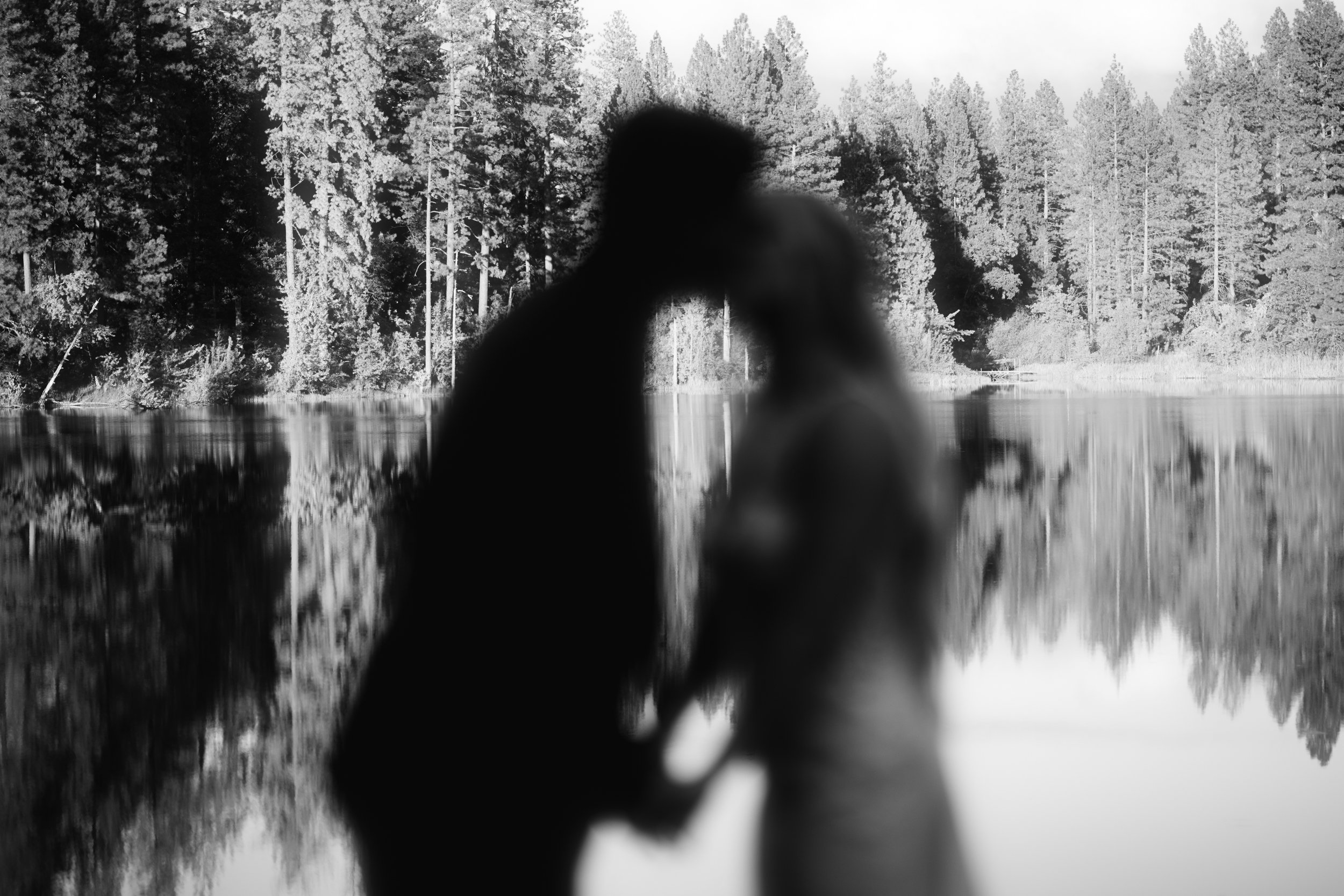 Silhouettes of a couple kissing by a lakeside with a forested background.