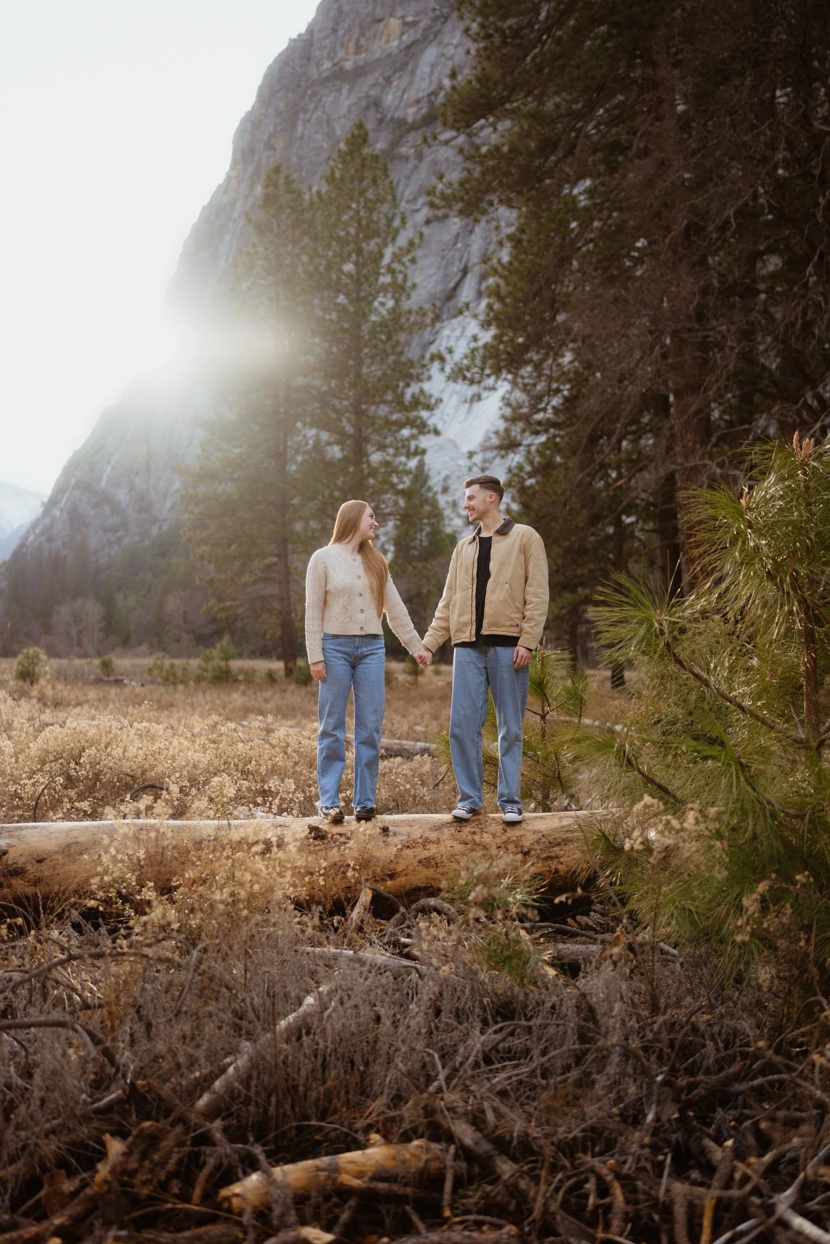 A young couple holding hands and smiling at each other while standing on a fallen log in a forested area with mountains in the background, illuminated by sunlight.