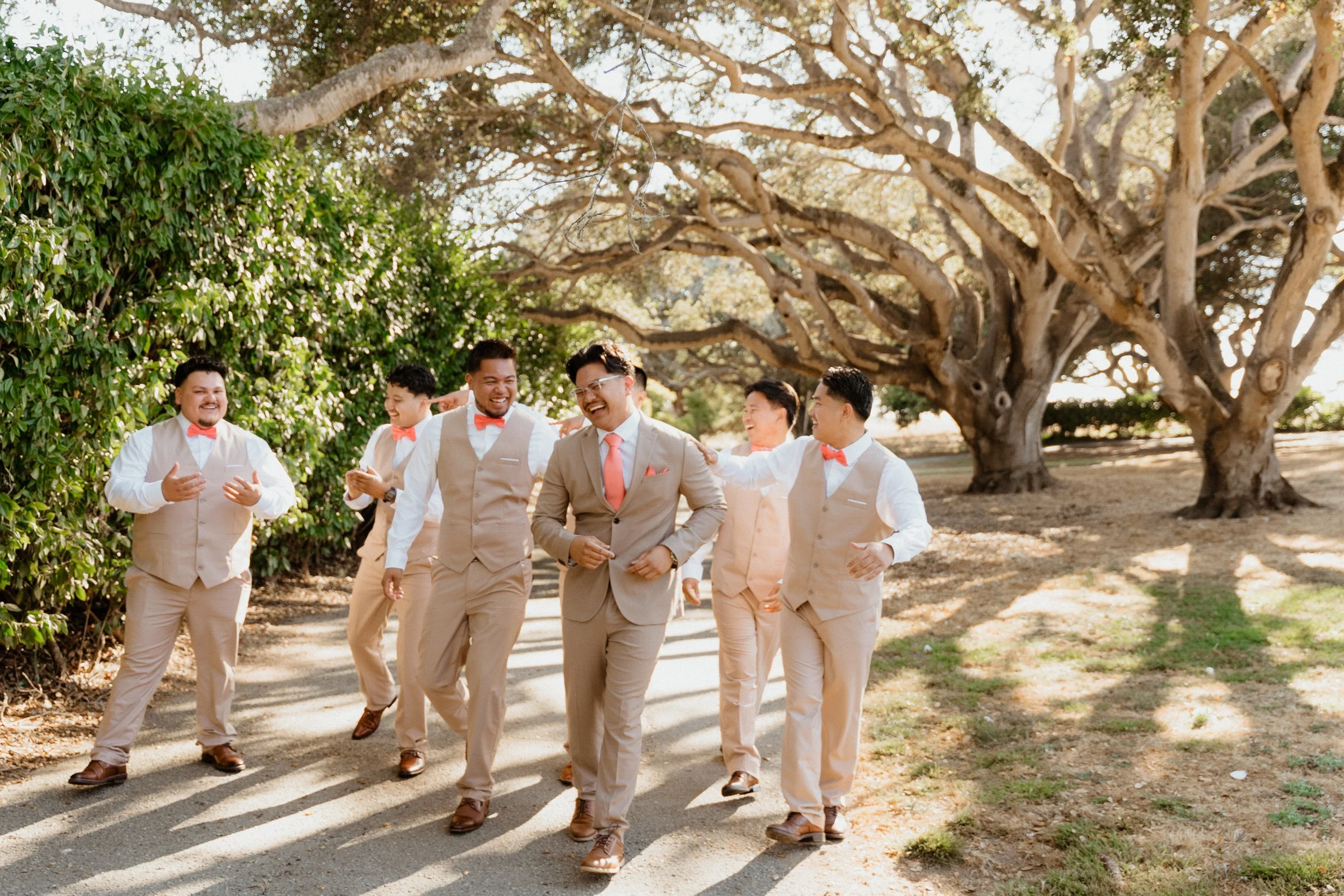 Groom and groomsmen walking outdoors under large trees, dressed in beige suits with coral bow ties, smiling and chatting.