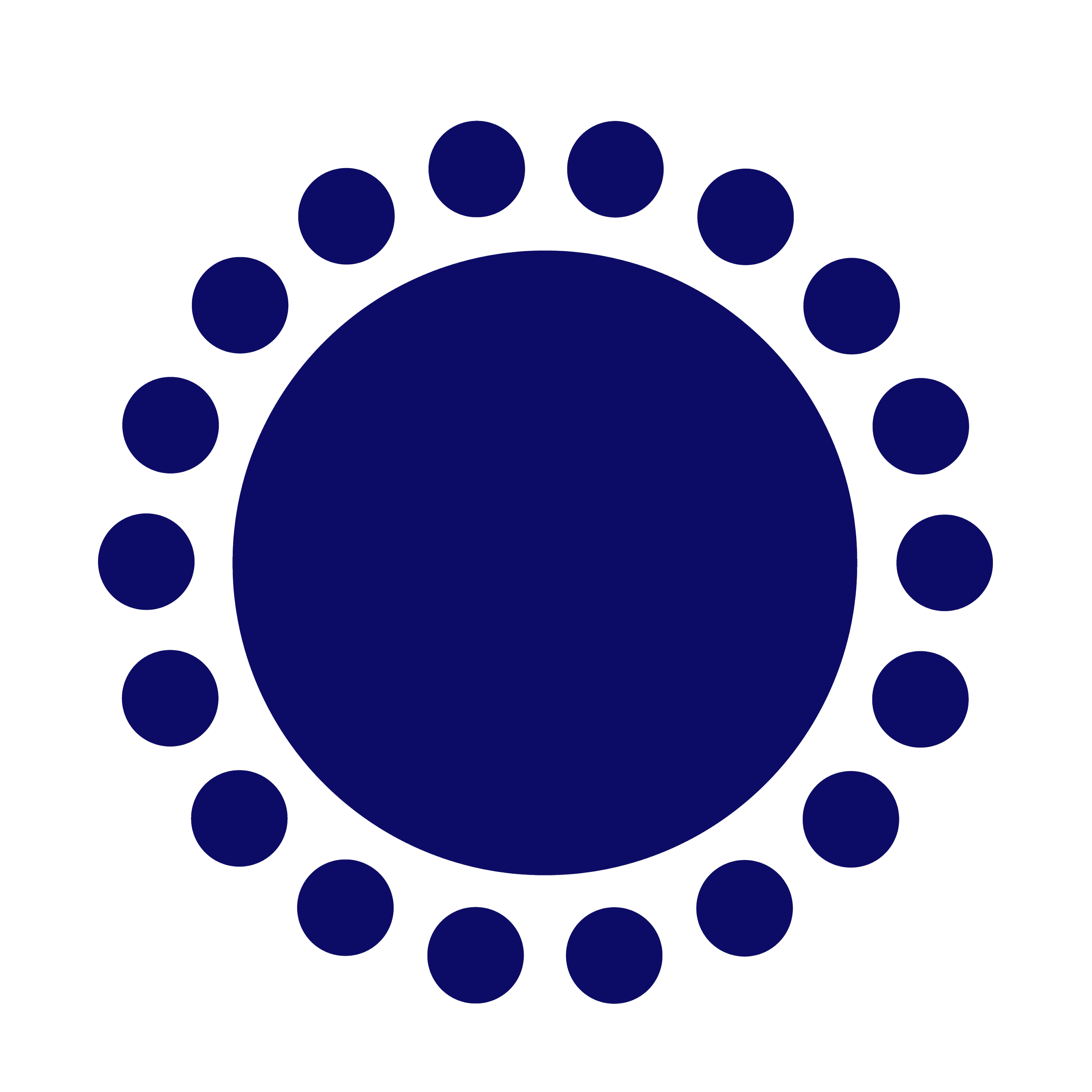 A large navy blue circle surrounded by 20 smaller navy blue circles in a circular pattern on a white background.