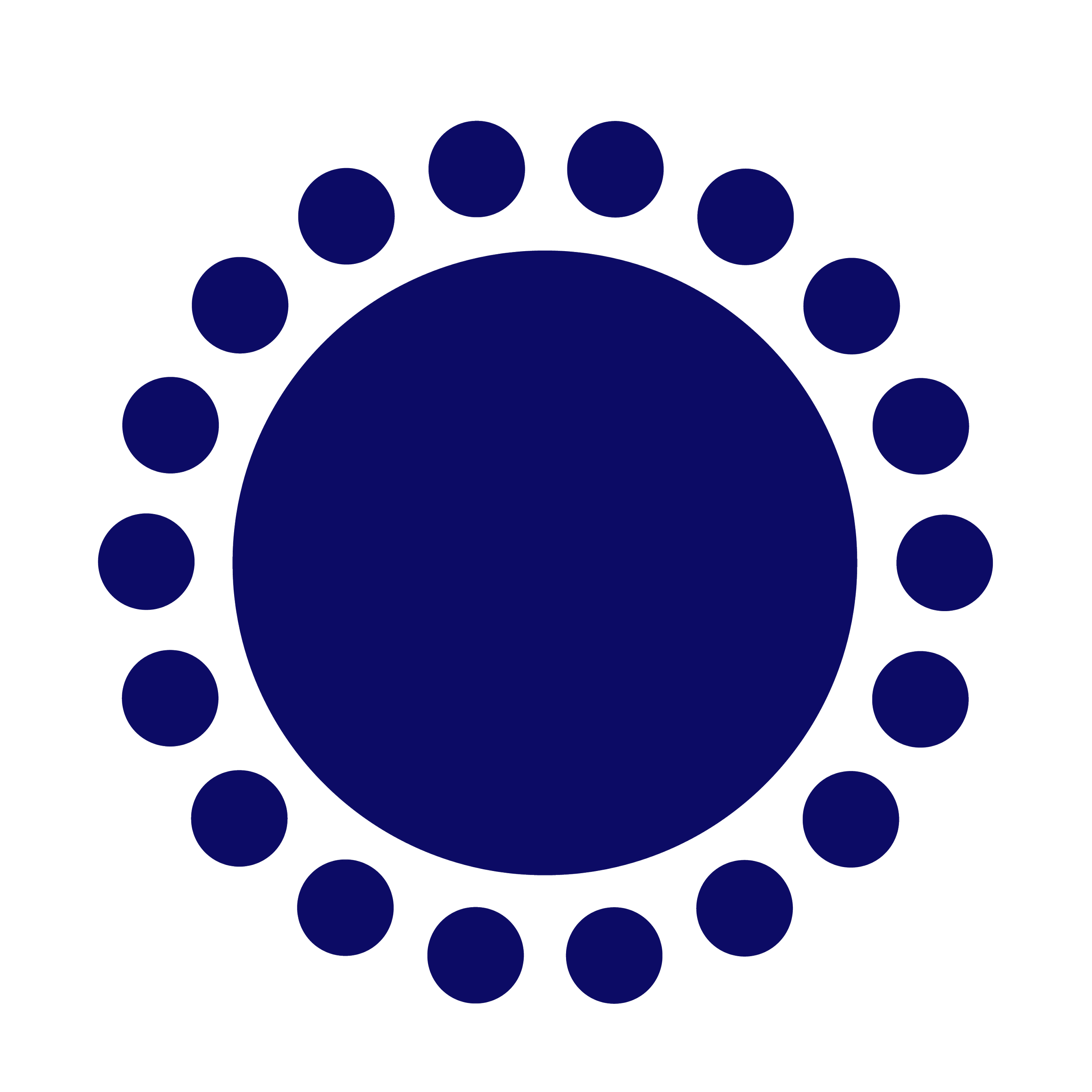 Illustration of a circular blue object with a ring of smaller blue dots around it.