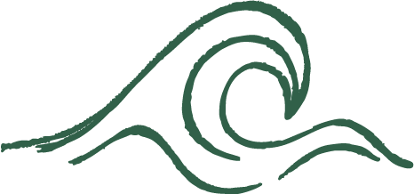 Stylized wave illustration in dark green on a light background.