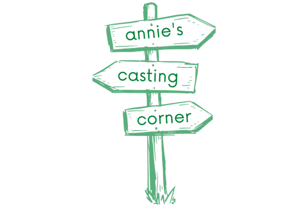 A green wooden signpost with three directional arrows labeled 'Annie's,' 'Casting,' and 'Corner'.