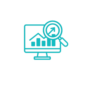 Neon digital graphic of a computer screen displaying a rising bar chart with a magnifying glass.