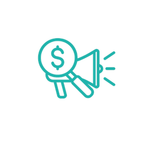 Magnifying glass with a dollar sign looking at a loudspeaker emitting sound waves.