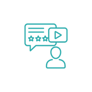 An icon of a person with a speech bubble showing a star rating and a play button, representing reviews or video content.