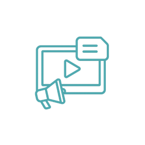 Icon representing multimedia content with a play button, speech bubble, video player, and megaphone.