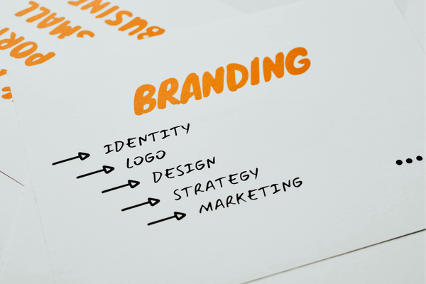 A close-up of a white paper with the word 'BRANDING' in large orange letters and a list of related concepts including identity, logo, design, strategy, and marketing, written with arrows pointing to each item.