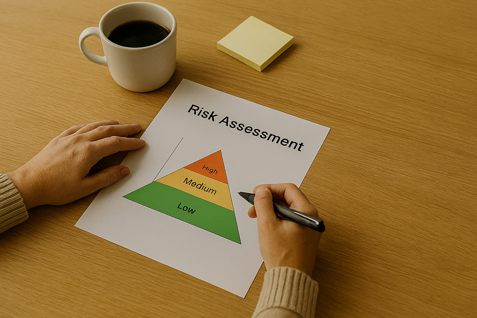 Performing a program review through a threat, risk, and vulnerability assessment.  A Team member is taking notes on a Risk Assessment document and assessing threats as high, medium, and low risk.