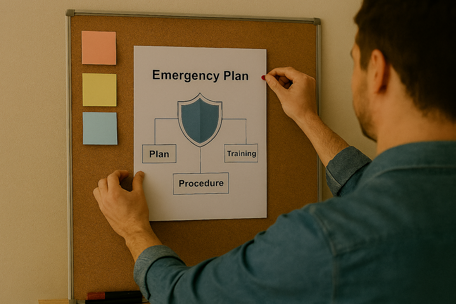 Posting a strategic emergency plan to a bulliten board to show the relationship between the emergency plan, hazard and functional specific procedures, and training and HSEEP exercises.  Homeland Security Exercise and Evaluation Program HSEEP is used.