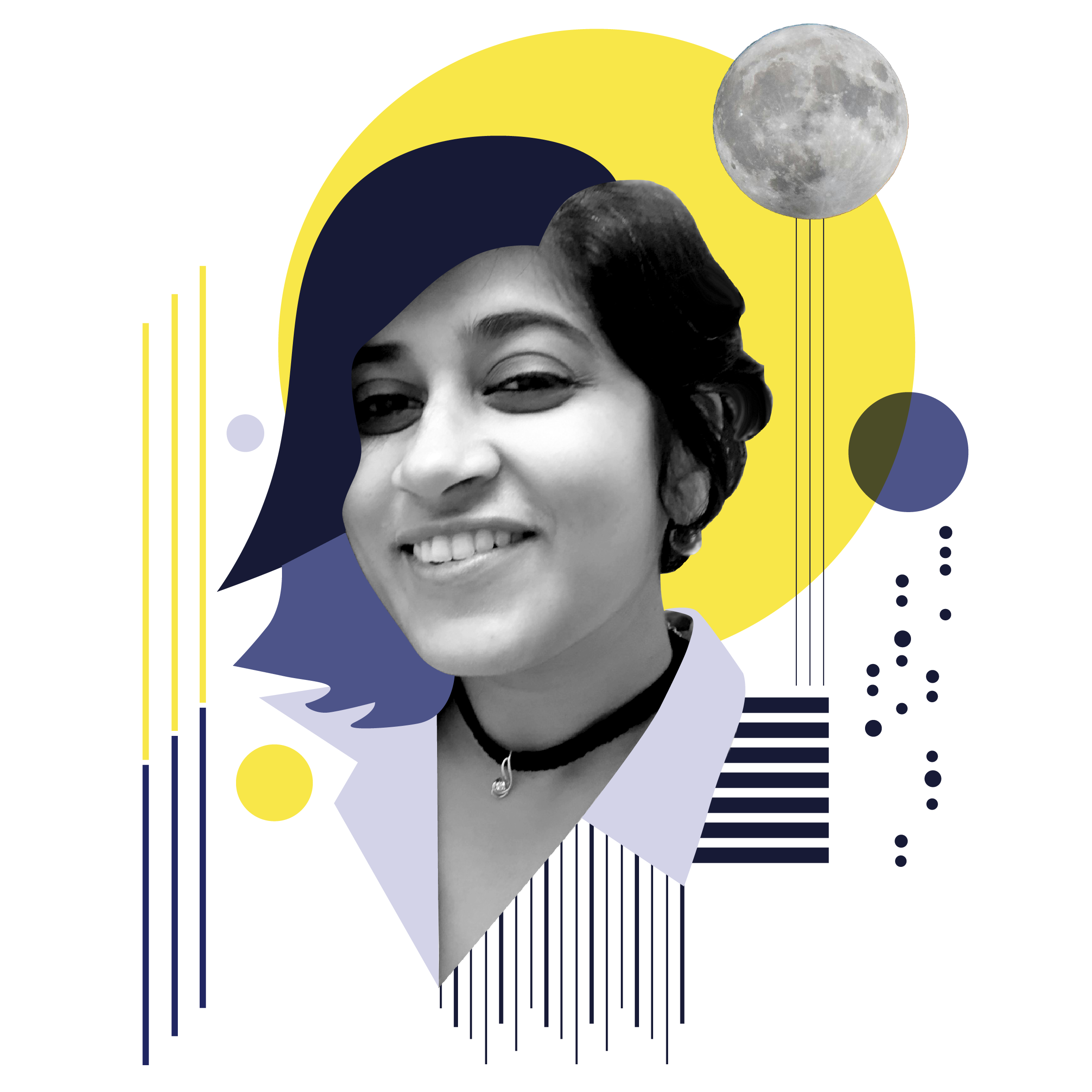 Black and white portrait of a woman smiling, with graphic design elements including a moon and color blocks in yellow, navy, gray, black, and red.