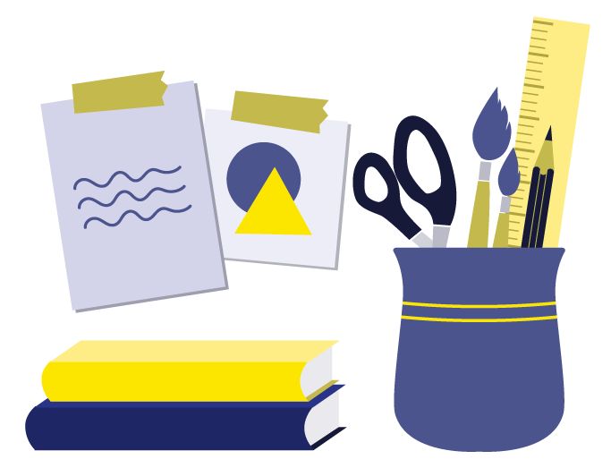 Stationery supplies including scissors, paint brushes, a pencil, ruler, and pens in a blue container, with two sticky notes and a book with yellow and blue covers.