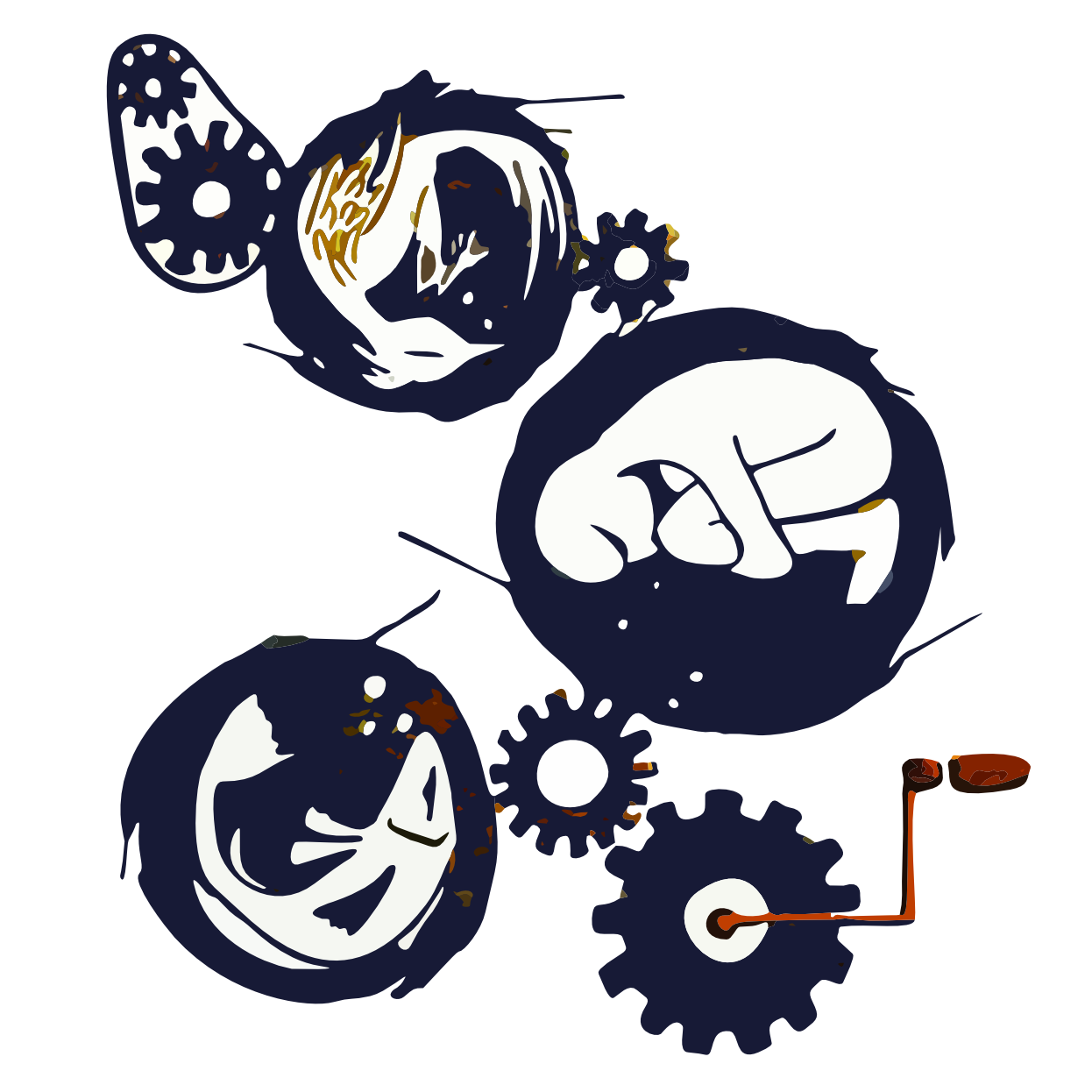 Illustration of a human, a bird and a fish, all in fetal positions, and several gears connected by a mechanical arm. Symbolizes that nature is connected.