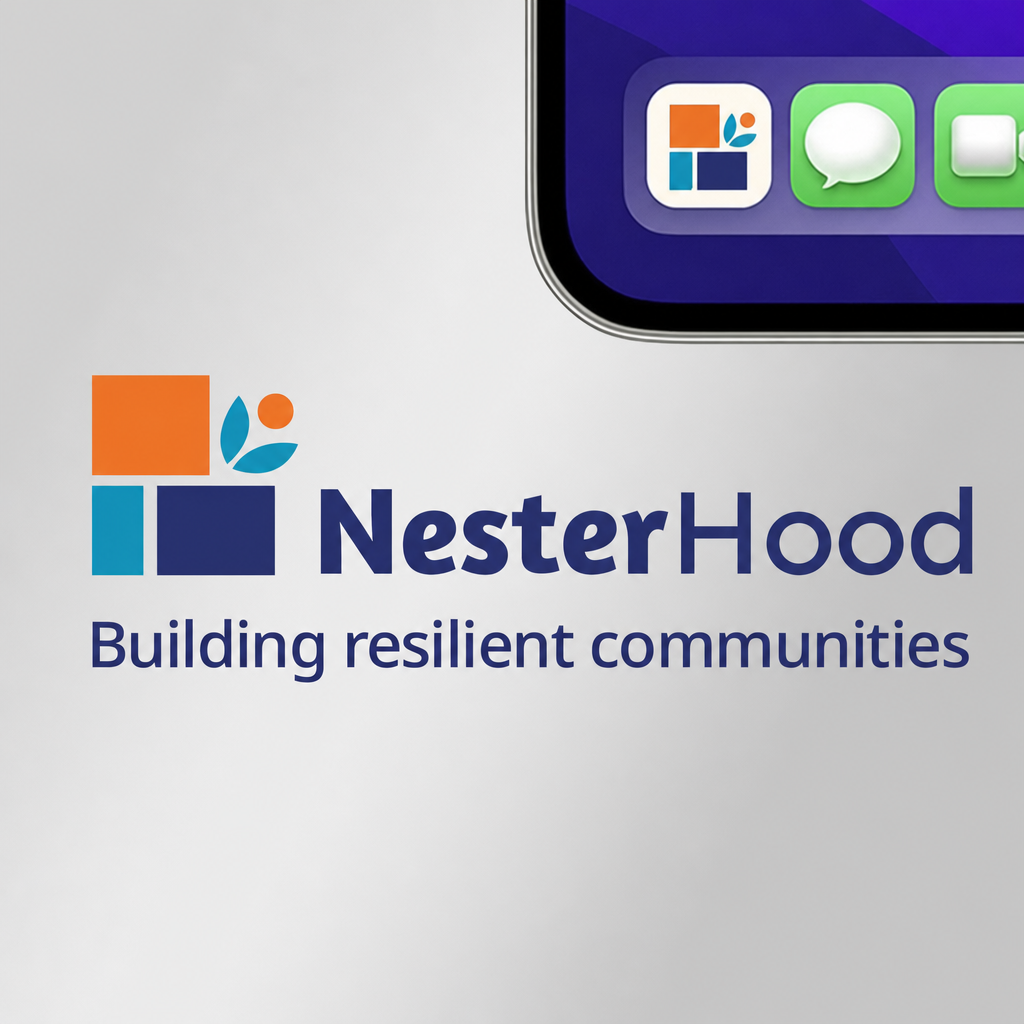 Logo and slogan for NesterHood, a building community app. The logo has an orange square, green leaves, and blue blocks. The slogan reads 'Building resilient communities.'