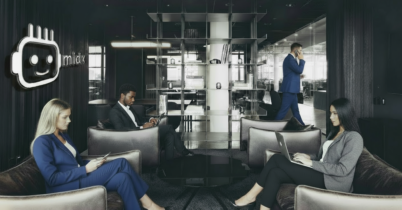 Business professionals sitting and working on laptops and tablets in a modern office lounge, with a man walking and talking on his mobile phone in the background, and a logo on the wall that resembles a stylized robot face with the word 'mix' next to it.