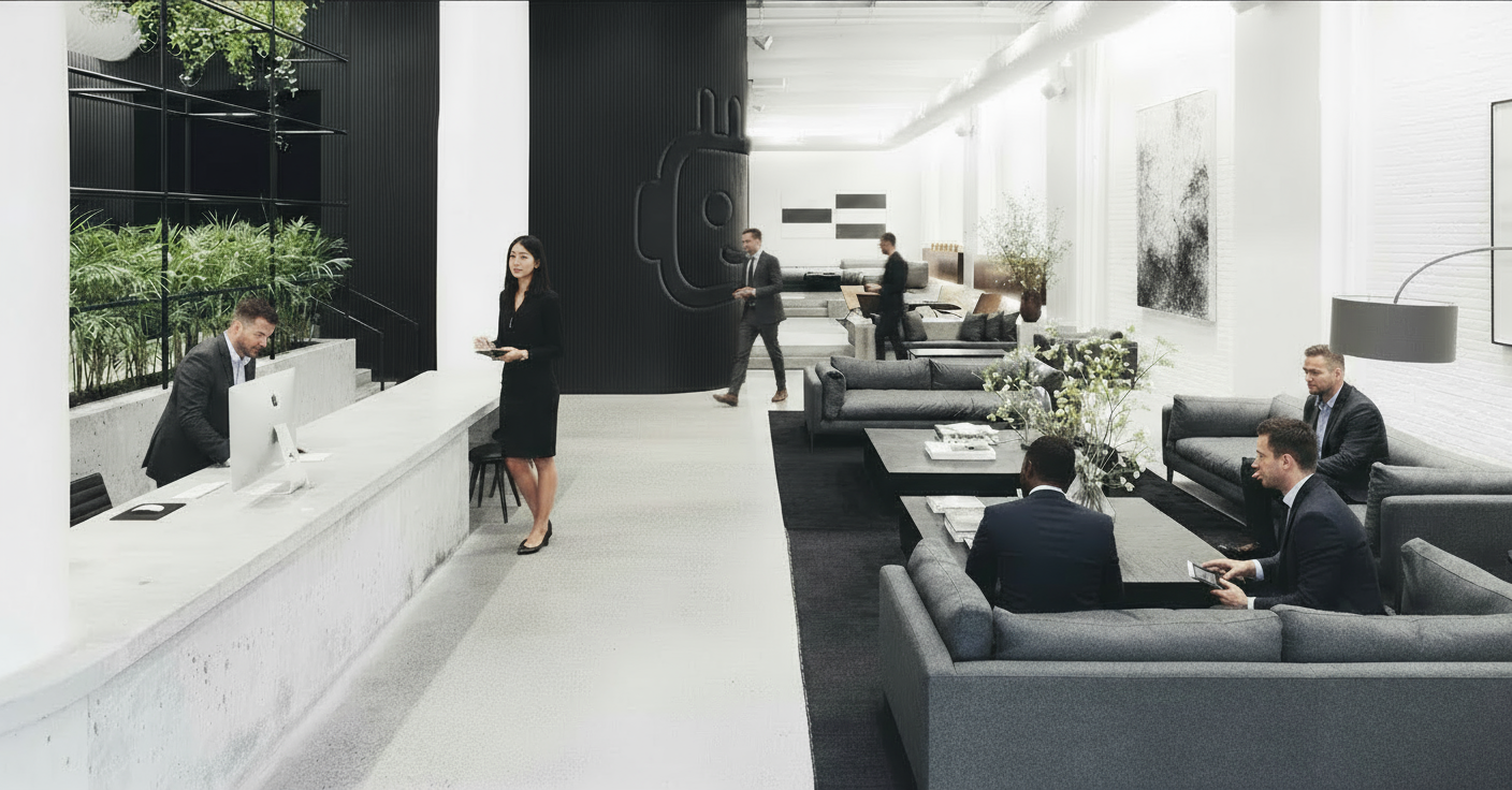 Modern office lobby with people checking in and sitting on sofas.