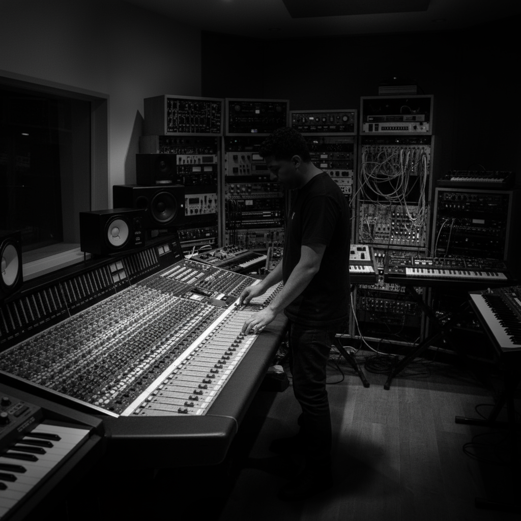 A person working at a large audio mixing console in a recording studio with various musical instruments and audio equipment around.