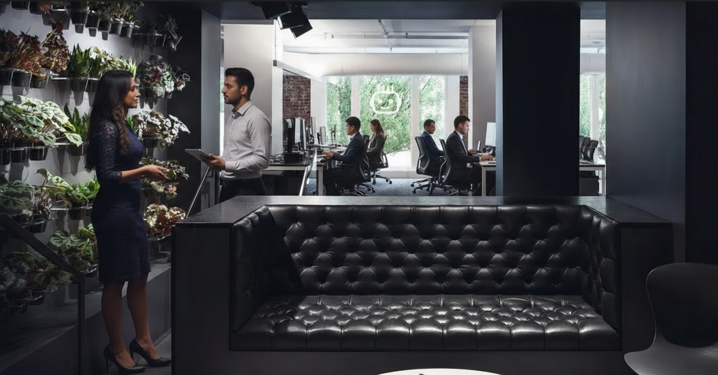 A woman and a man talking in a room with plants on the wall. In the background, an office space with people working at desks.