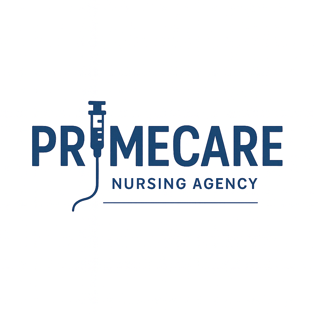 Logo for Prime Care Nursing Agency featuring a blue syringe icon and the text 'Prime Care' with 'Nursing Agency' underneath.