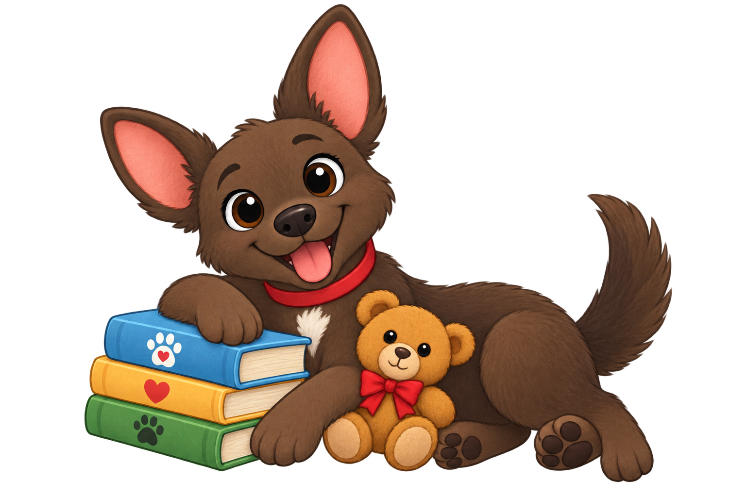 „Kira liegt mit ihrem Teddy auf einem Stapel bunter PawTales-Kinderbücher.“