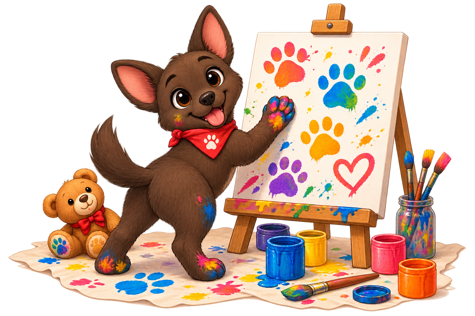 „Kira malt mit bunten Farben Pfotenabdrücke auf eine Leinwand, während ihr Teddy daneben sitzt.“
