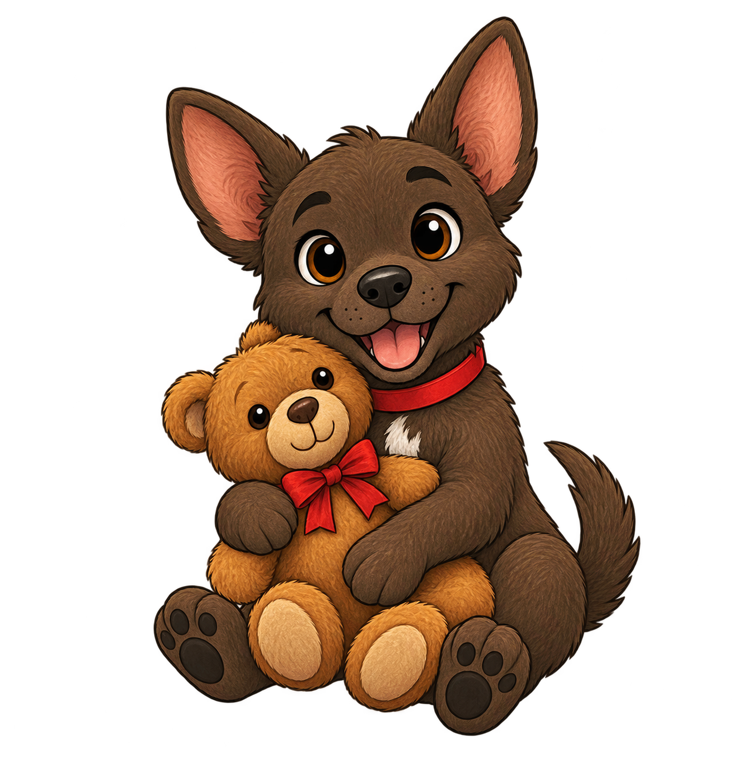 „PawTales-Hündin Kira sitzt mit ihrem Teddy im Arm und trägt ihr rotes Halsband.“