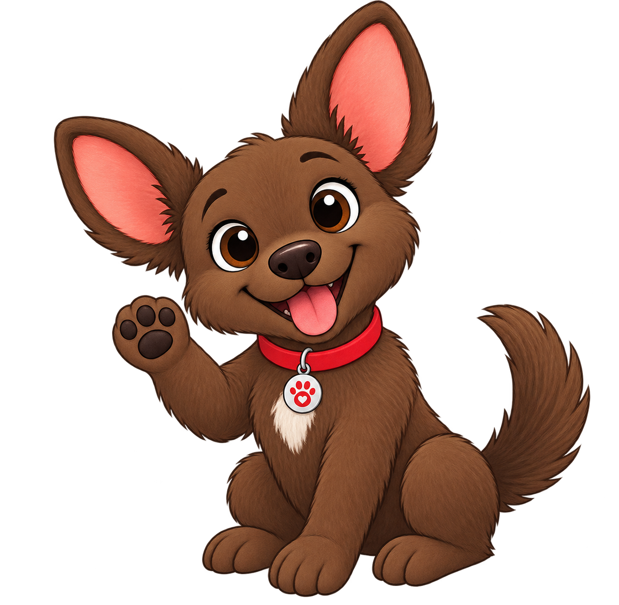 „PawTales-Hündin Kira mit braunem Fell, großen Ohren und rotem Halsband.“