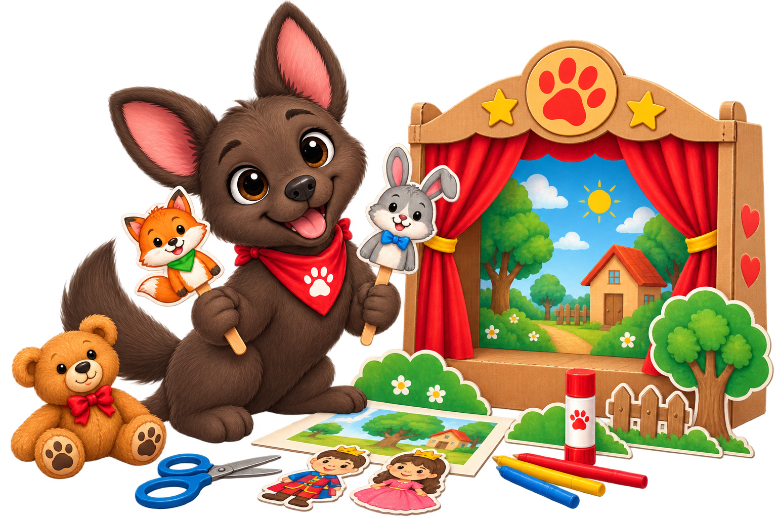 „PawTales-Puppentheater mit Kira, Teddy und bunten Bastelmaterialien für Kinder.“