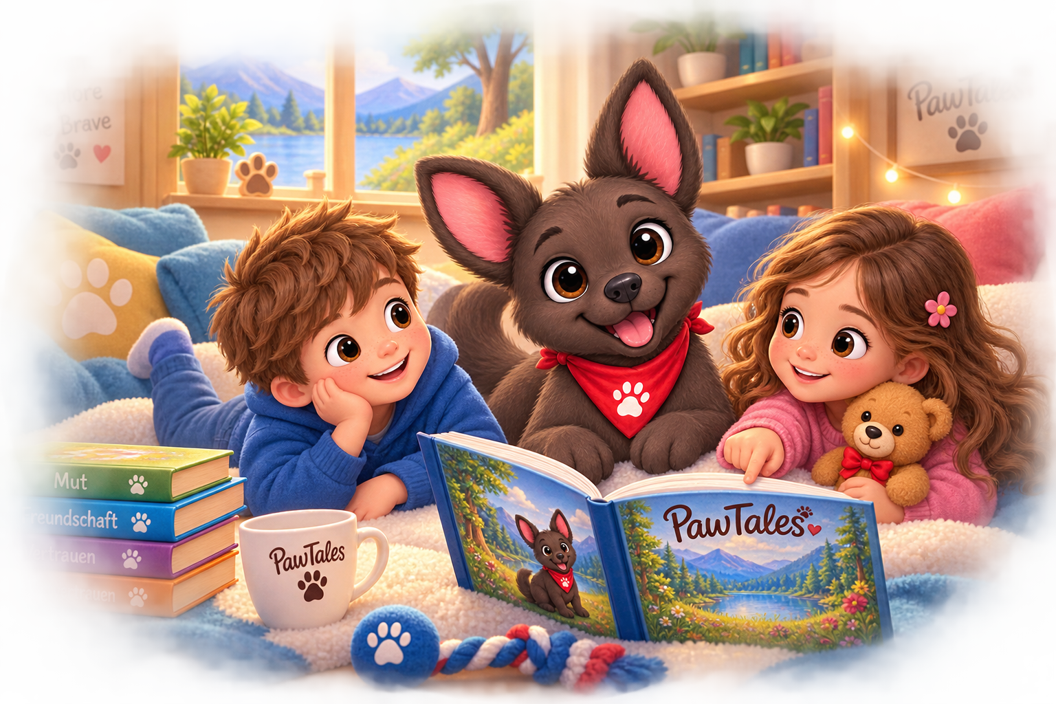 „Zwei Kinder lesen gemeinsam ein PawTales-Kinderbuch auf dem Bett, umgeben von Büchern und Kuscheltieren.“