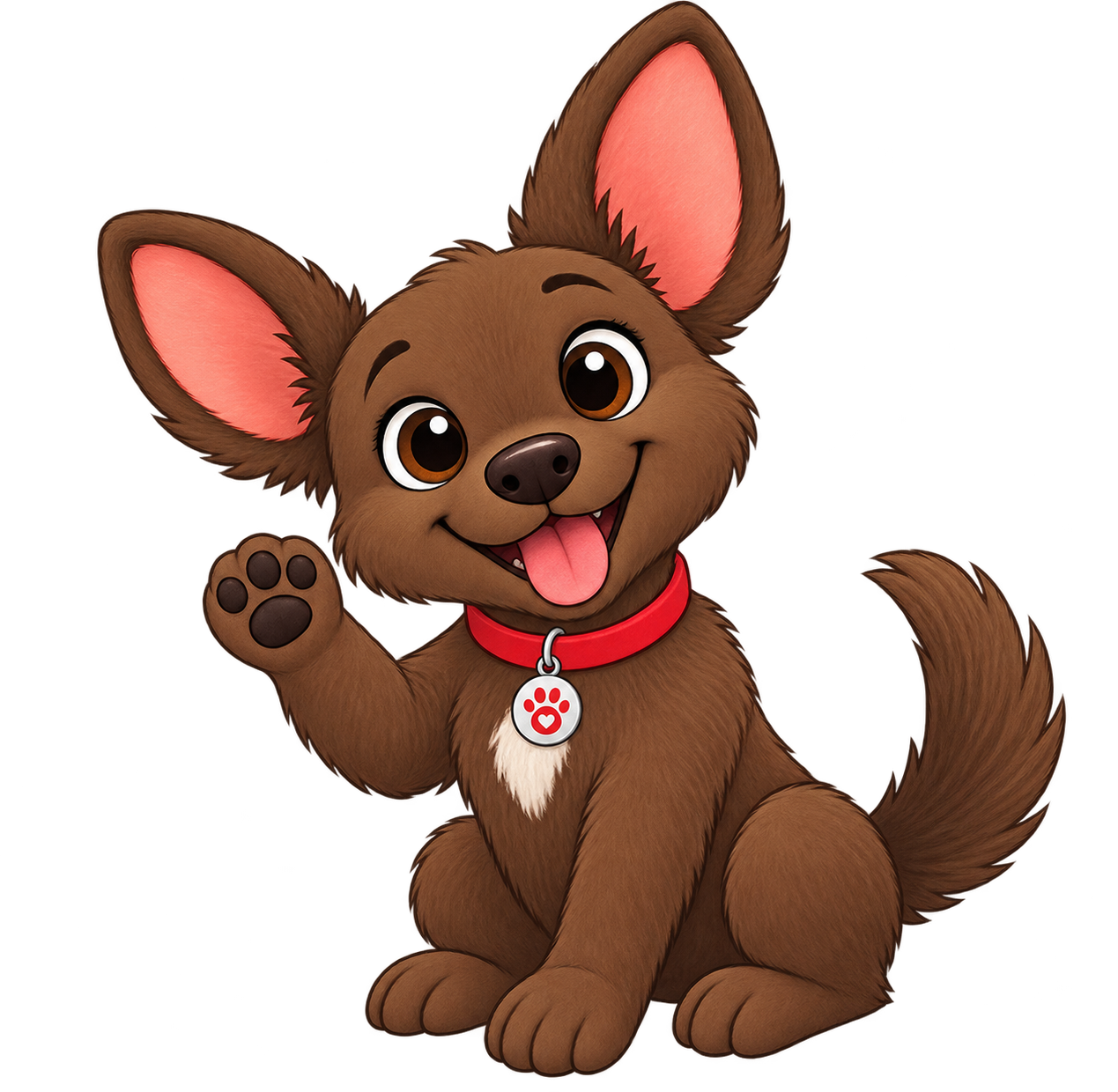 „Kira, die braune PawTales-Hündin mit großen Ohren und rotem Halsband, sitzt freundlich da.“