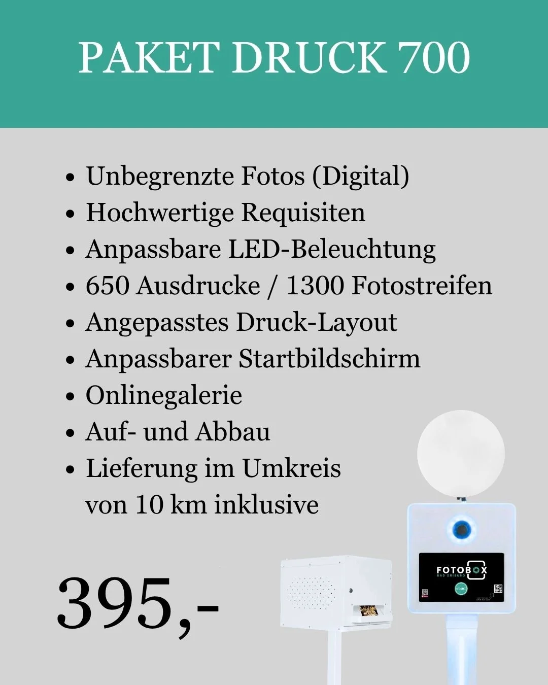 Werbeplakat für einen Fotodruck-Service, mit einer Liste der angebotenen Leistungen und einem Bild eines Druckautomaten.