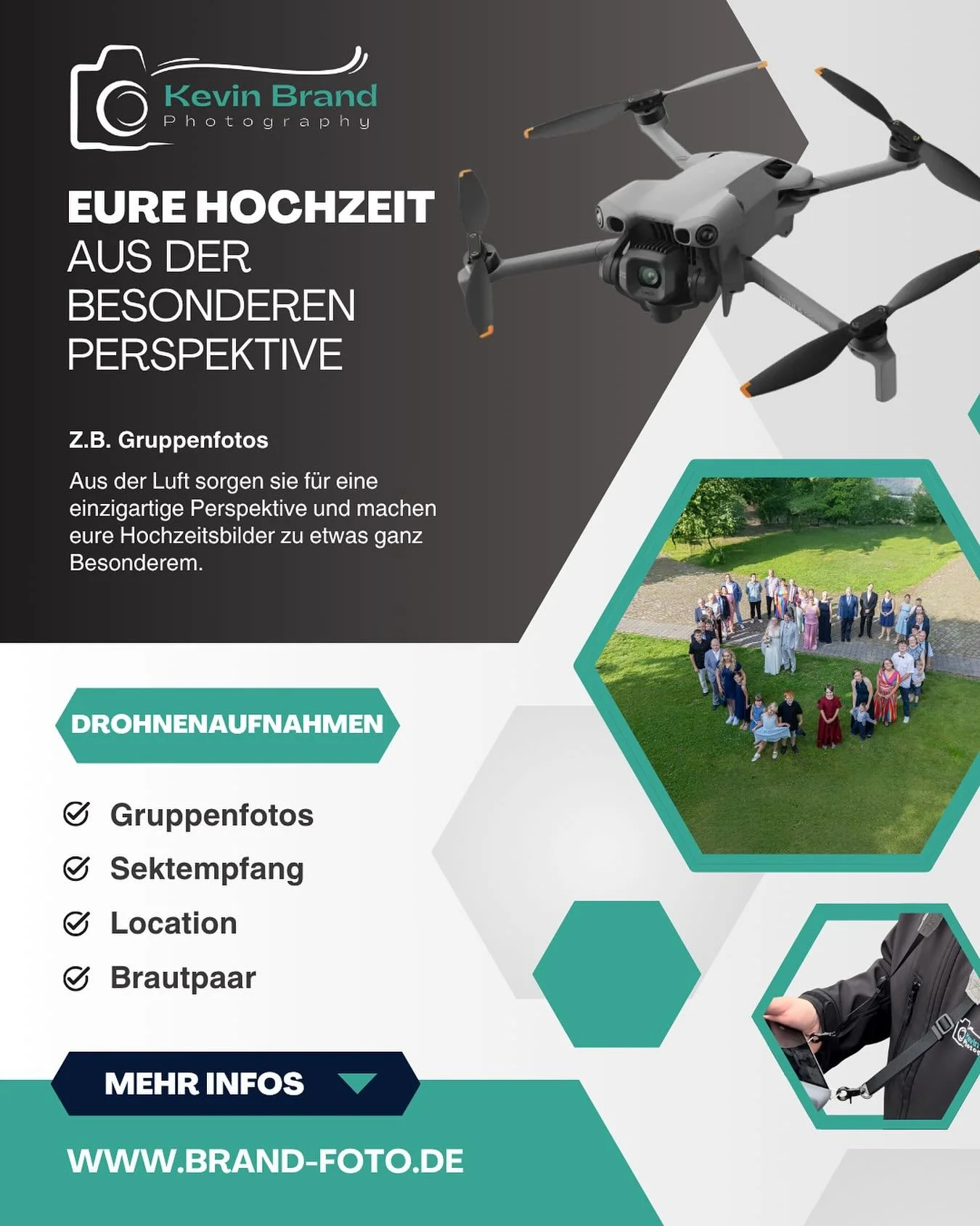 📸 Eure Hochzeit aus einer besonderen Perspektive!
Mit der Drohne entstehen Aufnahmen, die eure Erinnerungen noch einzigartiger machen. Ob beim Sektempfang, der Location oder bei den Gruppenfotos.
So bekommt ihr Bilder, die man nicht jeden Tag sieh